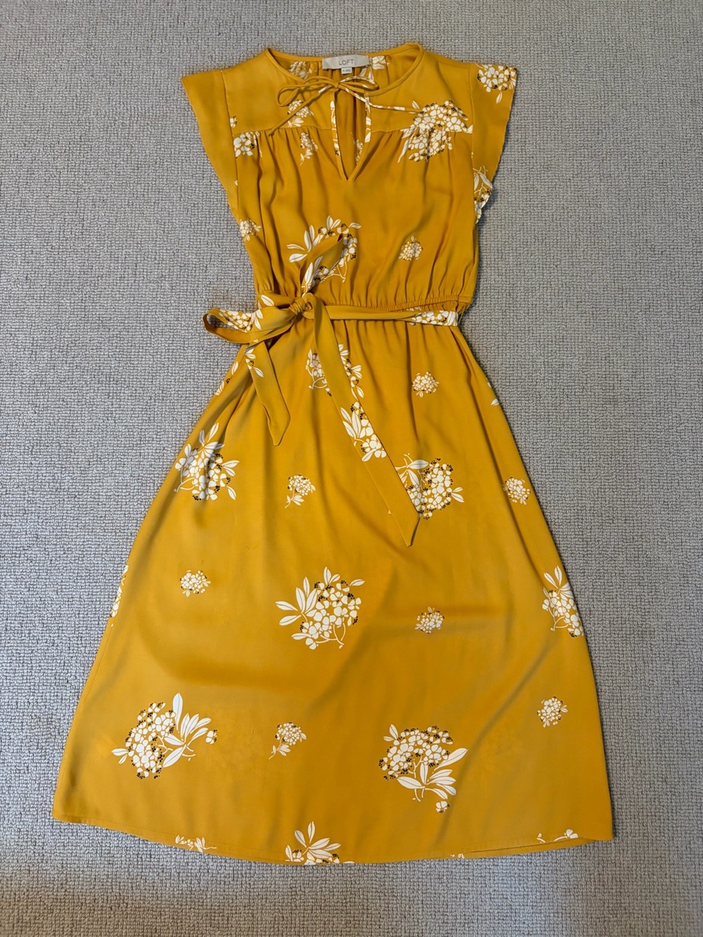LOFT Mustard Floral Tie-Waist Midi Dress
